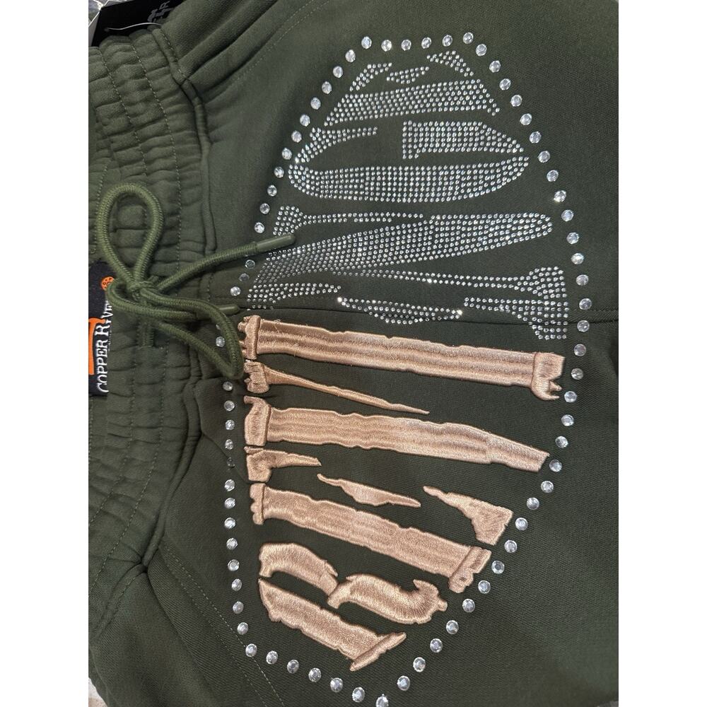 Copper Rivet Men's Olive Flared Sweatpants Rhinestones Drawstring Elastic M - Picture 7 of 9